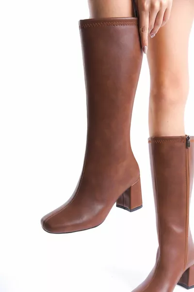 نسائي تان الجلد متوسط الكعب الجبهة أحذية مربعة