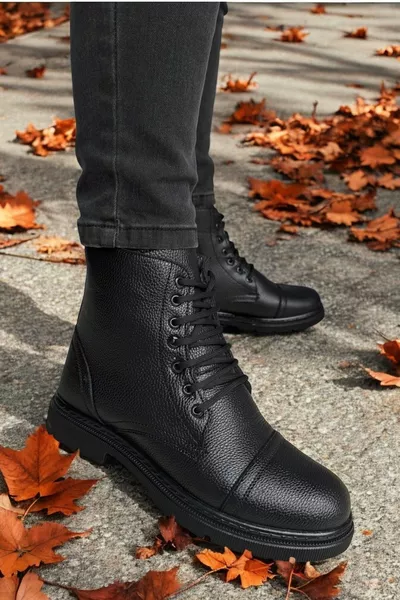Heren Zwarte Platte Waterdicht Leer Casual Orthopedische Wollen Laarzen 