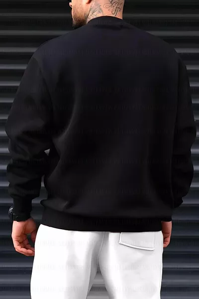 Men's Black Dreamer Printed 0 Zero Collar Oversize Shabby Loose Fit Fleece Sweatshirt