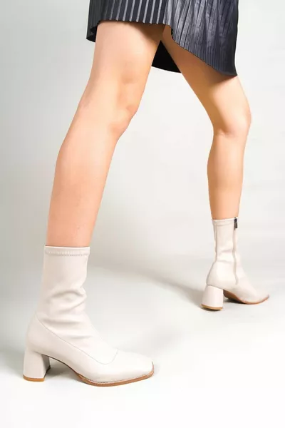Beige Leather Stretch Ankle Zipper Blunt Fit Heeled Women's Boots