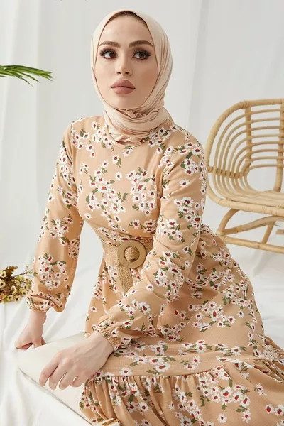 Lesa Floral Straw Belted Dress - Beige