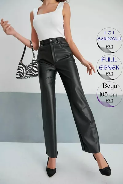 Black elasticated leather trousers with high waist fleece tubular legs with button detail  cm
