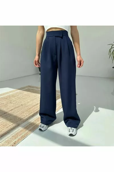 المرأة عالية الخصر الفيلكرو الخصر بالازو السراويل الأزرق الداكن