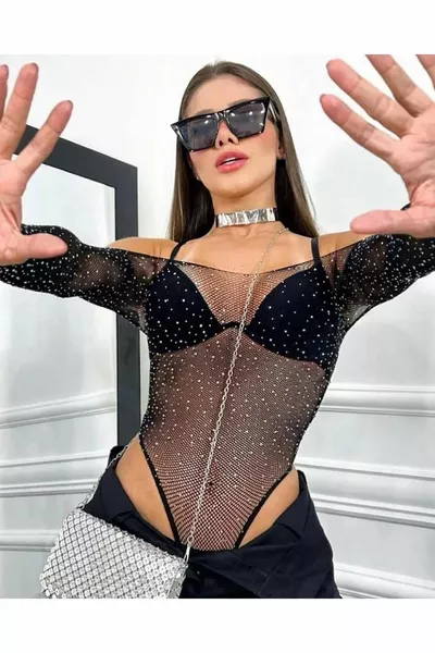 المرأة السوداء لامعة الماس حجر المحاصيل بريق شبكة بلوزة