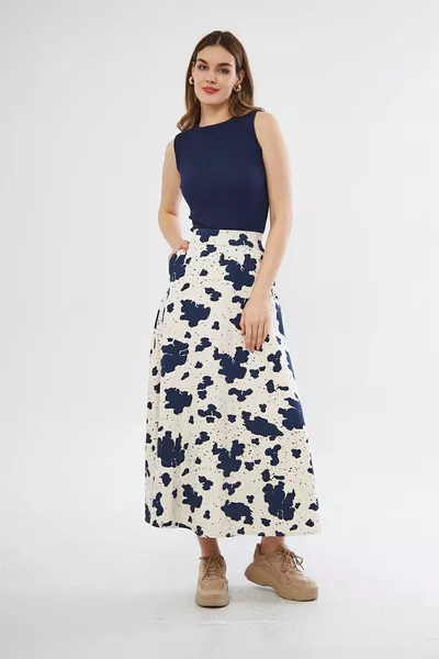 نسائي غاباردين نسيج جيوب مولانا تنورة واسعة تنورة رياضية طويلة الأزرق الداكن 