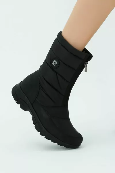 Women's Black Waterproof Zipper Fur Snow Boots