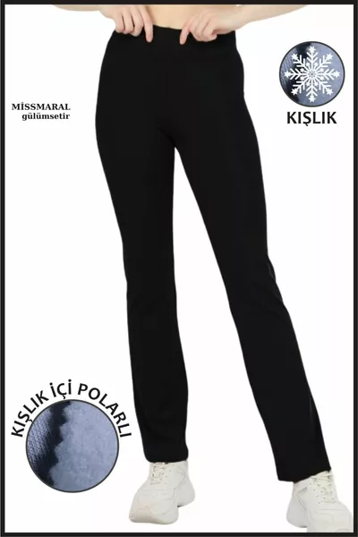 Kadın Siyah Bol Paça Kışlık Tayt Içi Polarlı Yüksek Bel Toparlayıcı Tam Boy Dalgıç Kumaş 