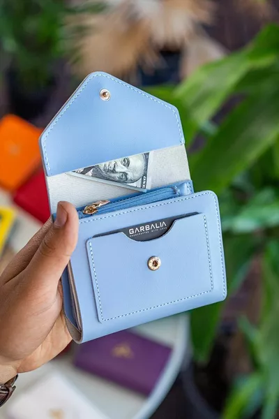 Columbia Vegan Leather Coin Compartment Mini Baby Blue Дамски портфейл с много държачи за карти