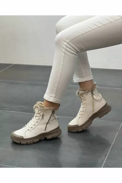 النساء  البيج الجلد عارية الفراء منصة كعب سميكة وحيد عارضة أحذية رياضية الشتاء