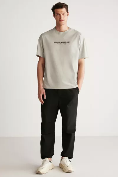 Bastıan Men's Oversize Fit % Cotton Thick Textured Printed Grey T-shirt