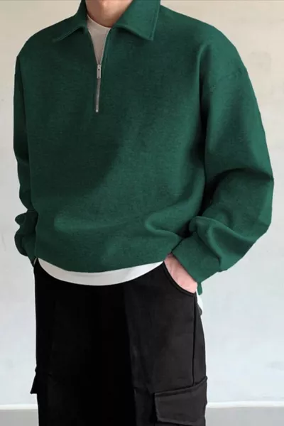 Herren Hemdkragen Oversize Sweatshirt mit halbem Reißverschluss