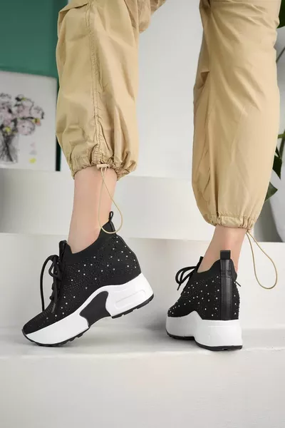 Damen Verdeckte Ferse Stone Casual Fit Schnürung Strick Sneakers Schwarz