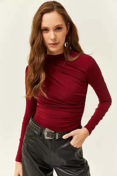 المرأة بورجوندي الوقوف الرقبة الرباط مفصلة ليكرا بلوزة 