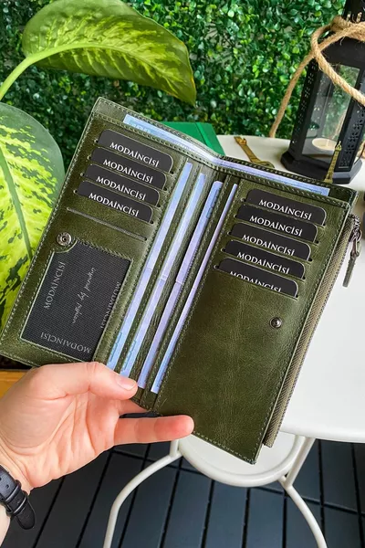 Mannu - Portafoglio Elite Serie Bracciale Lungo in Vera Pelle Verde con scomparto portamonete