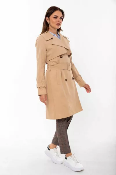 % Cotton Gabardine Midi (CM) Lined Belted Women's Trench Coat 