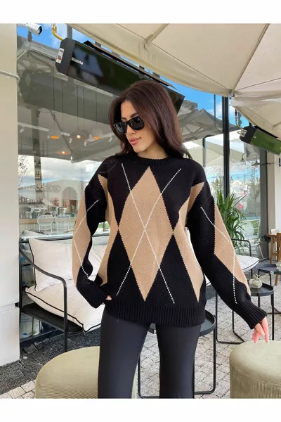 Dames Ronde Hals Zwarte Diamant Patroon Veelkleurige Trui