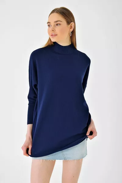 Marineblauer halber Rollkragenpullover Shabby Langer Strickponcho für Damen 