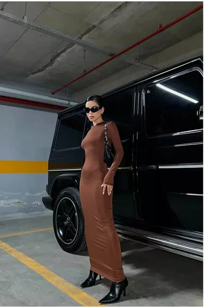 Damen Kaffee Langärmeliges Maxikleid mit Rundhalsausschnitt