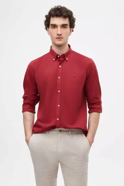 Slim Fit Bordo Oxford Düğmeli Yaka Kolay Ütülenebilir Nakış Detaylı Pamuklu Gömlek
