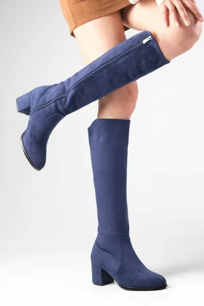 حذاء بيلا كحلي بكعب عال نسائي بسحاب جانبي وبطانة من الفرو الصناعي الناعم