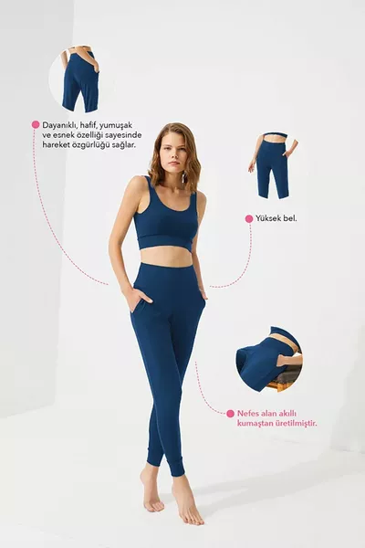 Темно-синий женский спортивный брюк с высокой талией и двойным карманом