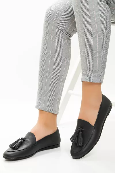 جلد طبيعي أسود نسائي جلد الباليه مسطحات 