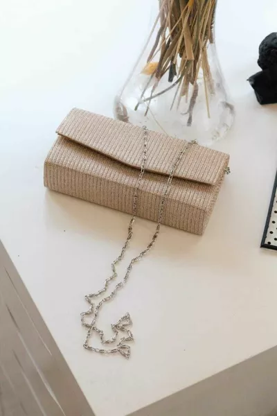 Kadın Simli Gold Mini Kutu Omuz Çantası