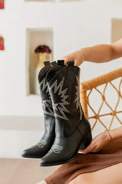 Dutra Black Lightning Leather Embroidered Daily Use Cowboy Boots