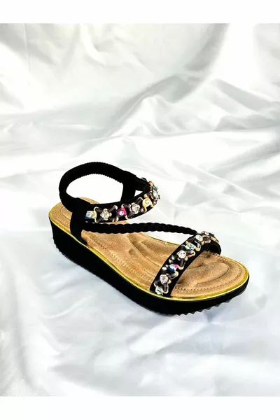  Schwarz Damen Knöchel Streifen Stein Casual Orthopädisch Dicke Sohle Importierte Sandalen - Schwarz - 