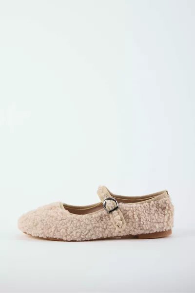 Moony Band Detailed Plush Women's Ballet Flats- Ecru