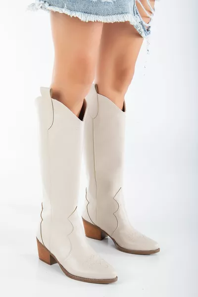 بيج كريم عارية الجلد ماتي الجلود عادي أحذية رعاة البقر الغربية الأحذية