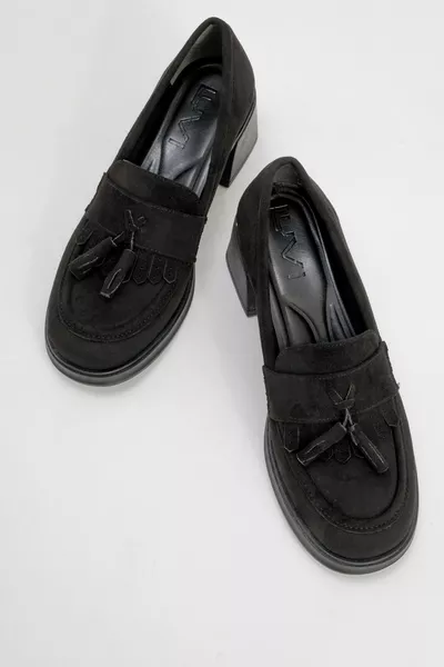 MARLO Black Suede Tasseled Women's Thick Heels Loafer Shoes