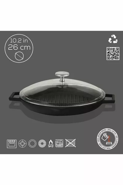 Gietijzeren ronde grillpan Gietijzeren monolithische dubbele handgreep met glazen deksel Diameter (Ø) cm.