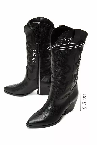 Stivali da cowboy in pelle con tacchi spessi neri da donna 