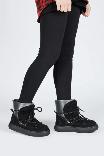  Waterproof Anti Slip Sole Black - Silver Color Girls Snow Boots