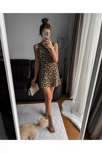 ليوبارد ميني بسحاب المرأة بلا أكمام فستان الصيف