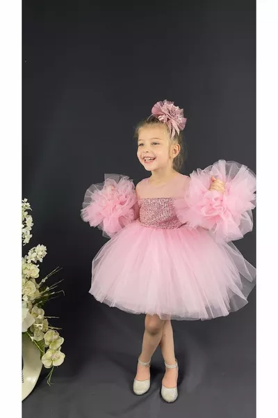 Chiffon-Passe Pompon-Ärmel Paillettenbesetzter flauschiger Rock für Mädchen Tutu Abendkleid Rosa