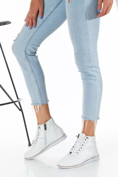 Hakiki Deri Ortopedik Taban Beyaz Günlük Spor Kadın Bot