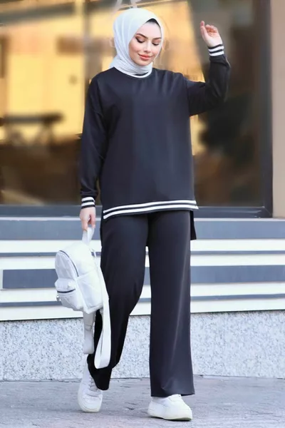 Женские черные брюки-туника с круглым вырезом и круглым вырезом - 