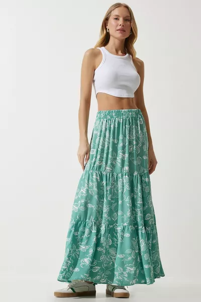 Watergroene viscoserok met bloemenpatroon voor dames 