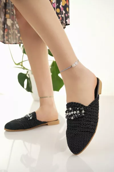 Pantofole di pietra nera da donna Maglieria in pizzo chiuso a maglia Pietra dettagliata Dowry Home Beach Holiday Pantofole