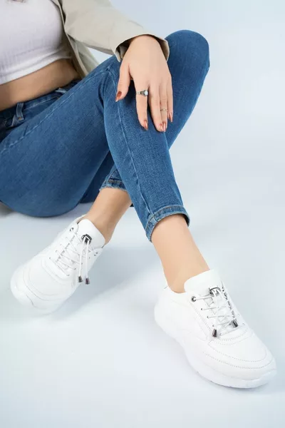 Hakiki Deri Beyaz Kadın Deri Sneaker Spor Ayakkabı 