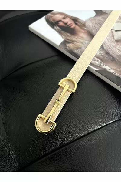 حزام نسائي رفيع باللون البيج مع مشبك ذهبي طويل ، حزام سترة ، حزام قميص ، حزام فستان