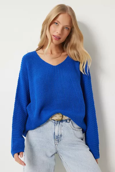 Blauwe Thessaloniki gebreide oversized gebreide trui met V-hals voor dames 