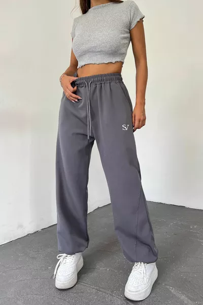 Graue, bestickte, verstellbare Oversize-Hose/Jogginghose mit weitem Bein für Damen