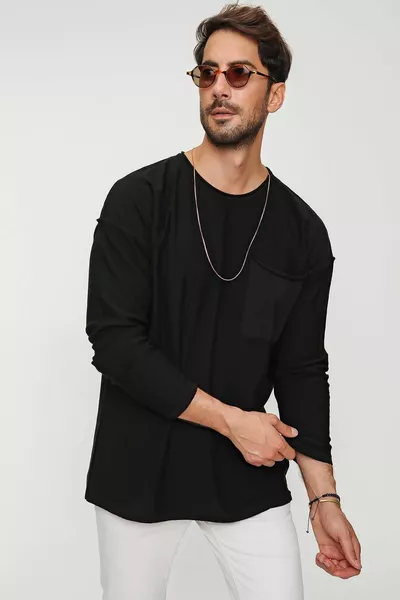 Men's Black Hero Crew Neck Filthy Stitching Pockets Long Sleeve Slim Knit Sweater 