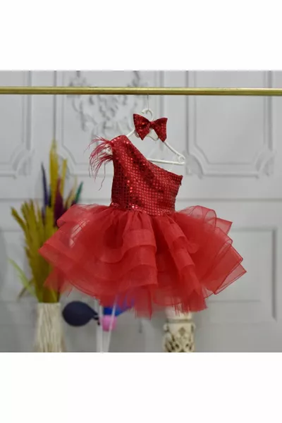 Robe bouffante à une épaule granuleuse à paillettes rouges pour fille