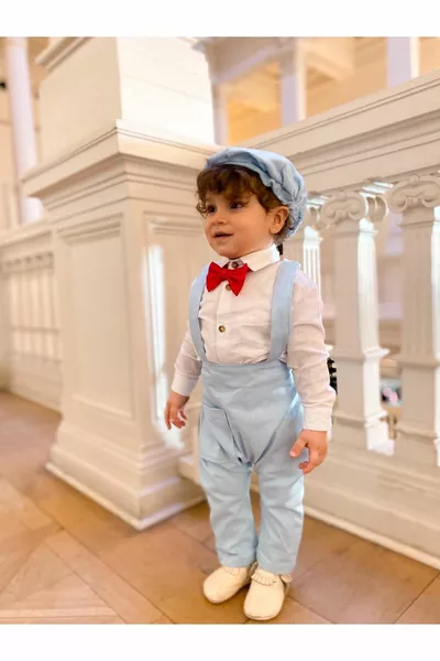 Baby Blue Baby Salopet - Chemise - Nœud papillon - Casquette Set de 4