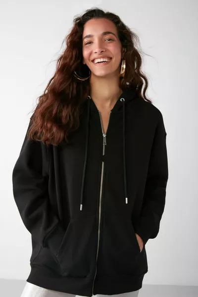 Alena Женская базовая кенгуру карман оверсайз из органического хлопка на молнии и капюшона черная толстовка