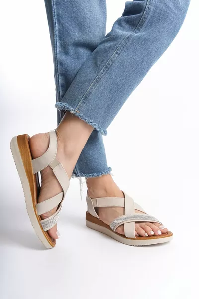 Женская кожа Крест Камень Деталь Низкая Подошва Эластичные Сандалии